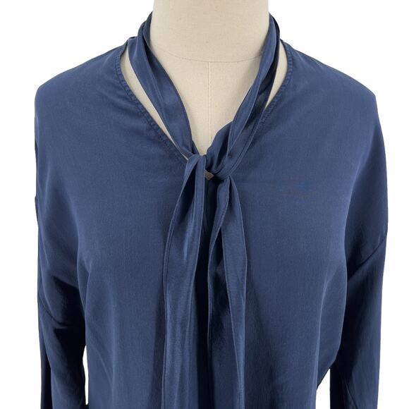 Sandro Womens Navy Blue Tie Neck 100% Silk Blouse Top Long Sleeve Shirt XS - Picture 2 of 11